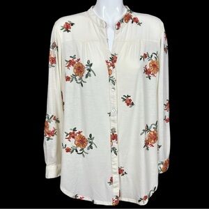 Hope Springs Floral Embroidered Roll Tab Sleeve Button Down Blouse Size XL
